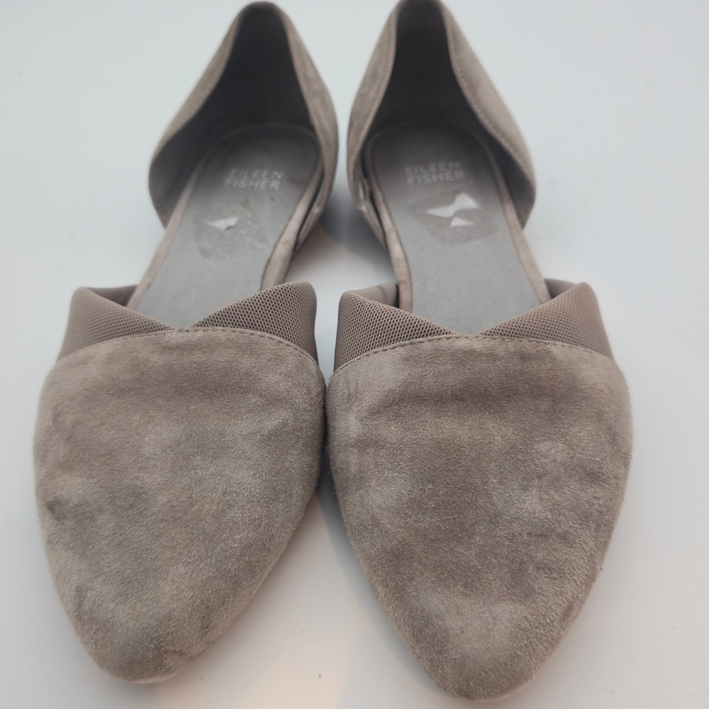 Eileen‎ Fisher Suede Pointed Toe D'Orsay Flats Elastic Detail Taupe Size 8.5